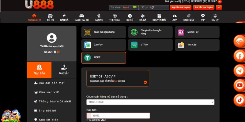 Nạp tiền U888 qua tiền ảo